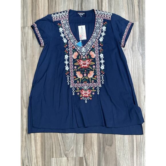 Johnny Was Tops - JOHNNY WAS Workshop Juliene Drape Top Voile TUNIC Navy Blue BOHO SM $205 NWT